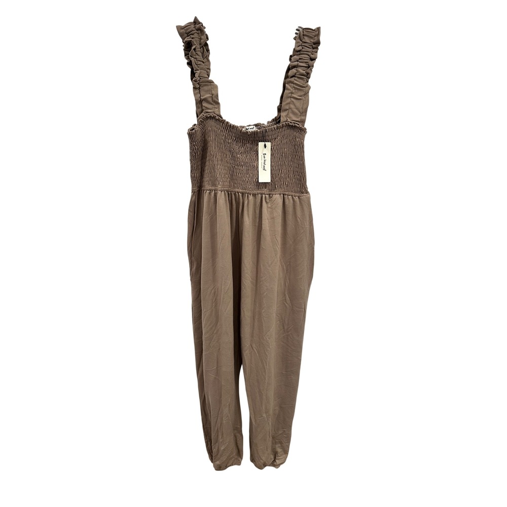 Three Bird Nest Smocked Ruffle Strap Harem Jumpsuit Taupe Brown XL NWT